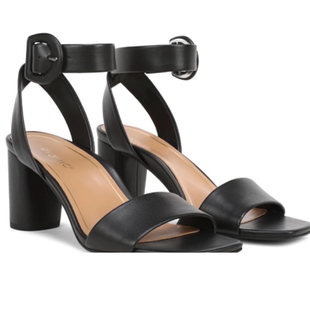 Vionic Black Leather Block Heel Sandal Buckle Square Toe Size 9 NWOT